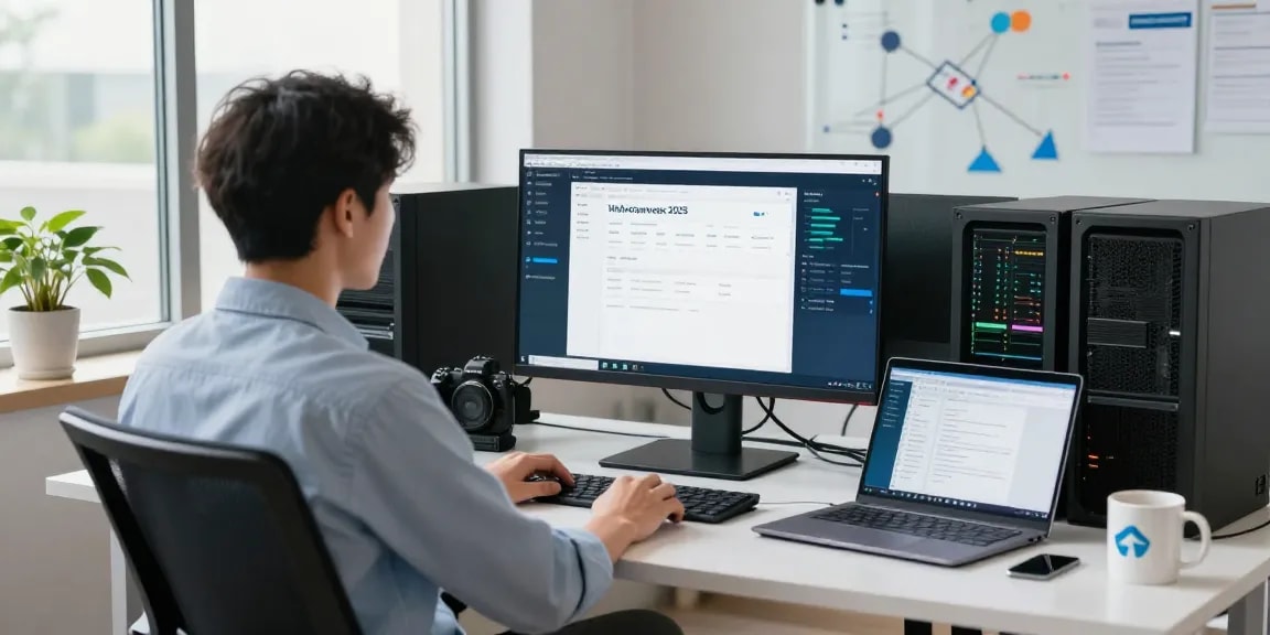 Microsoft Windows Server Standard 2025 preiswert in einem professionellen Servermanagement-Arbeitsbereich mit IT-Administrator und modernen Technologien.