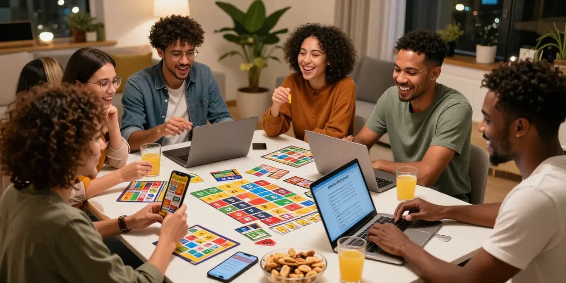 Engaging quiz Allgemeinwissen game with friends, colorful cards and drinks creating a lively atmosphere