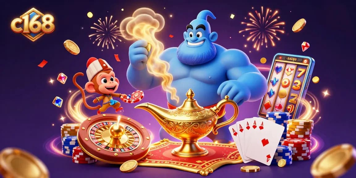 Experience the magic of c168 with a dazzling casino scene filled with a genie, poker chips, and golden coins.