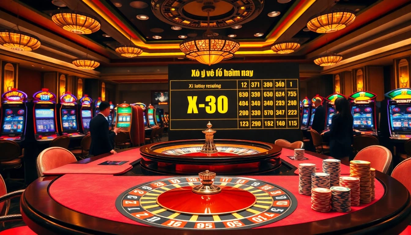 Xổ số hôm nay results celebrated at a vibrant casino table with roulette and poker chips.