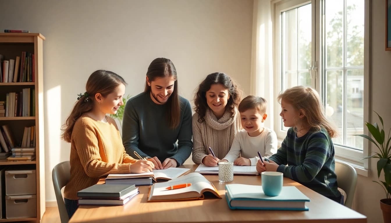 Familie engagiert sich beim Heimunterricht, mit Lehrmaterialien in einem hellen Raum.