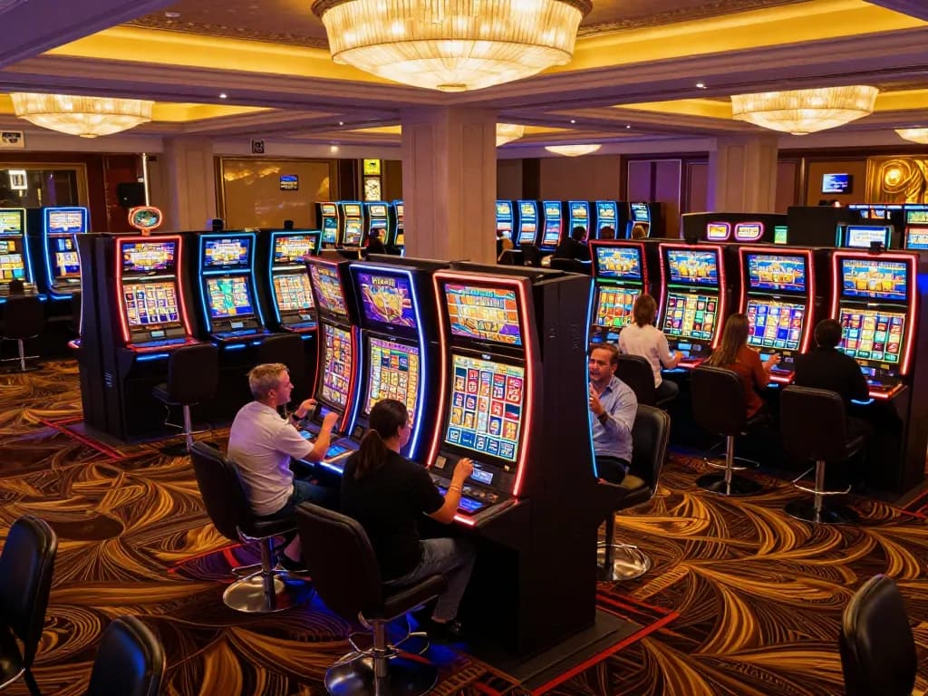 Players enjoying thrilling moments at 78WIN casino with vibrant slot machines and lively atmosphere