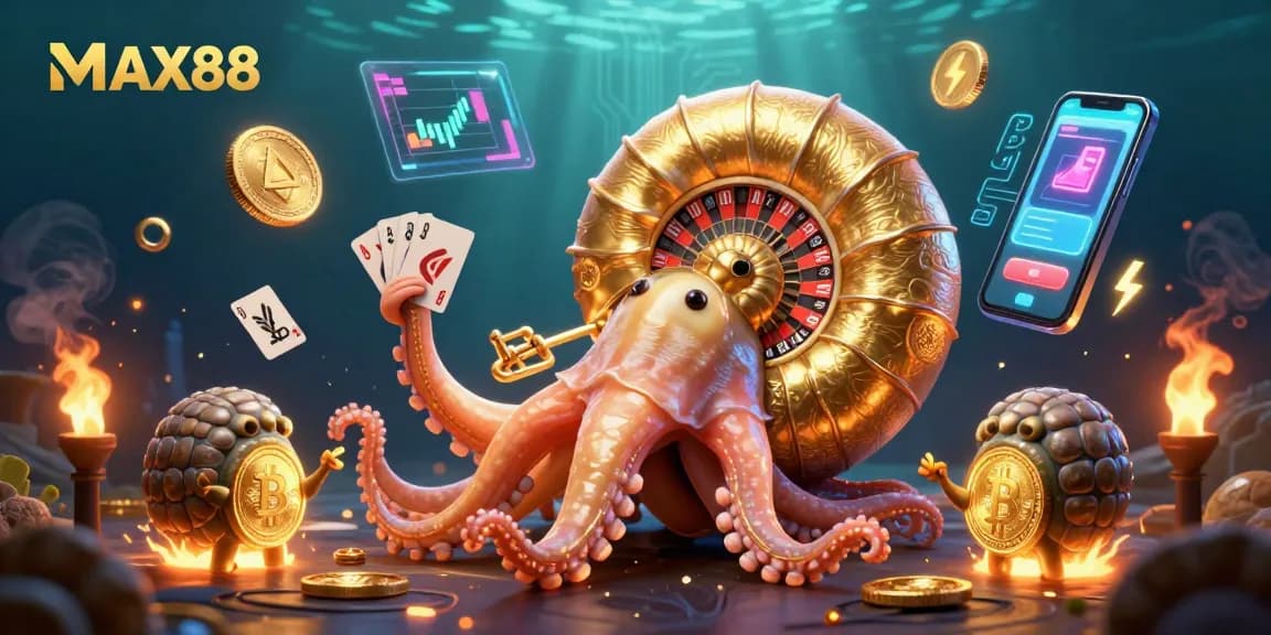 Engage with the thrilling universe of MAX88 casino through this vibrant 3D illustration showcasing interactive gaming elements and a colorful scene.