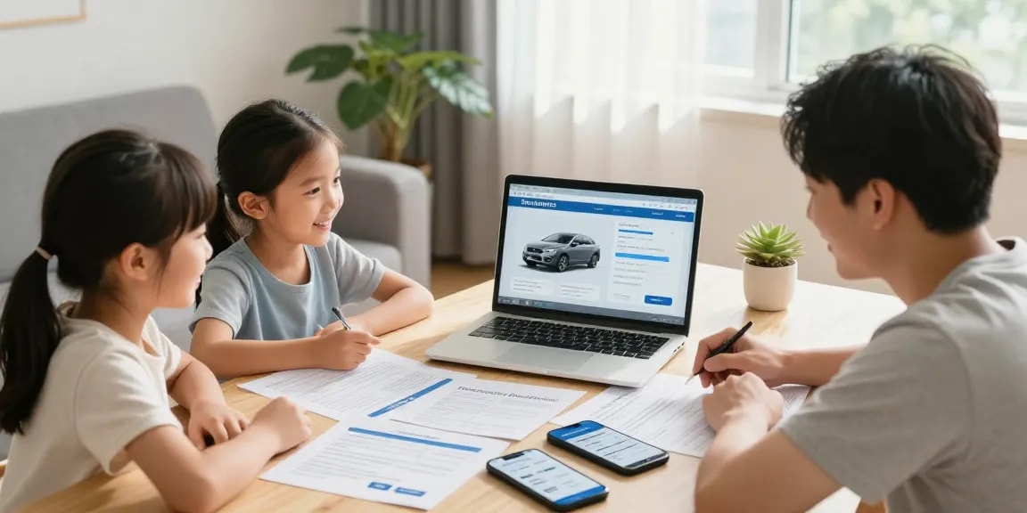 Kfz Versicherung in Dortmund: Familie vergleicht Autoversicherung in ihrem Wohnzimmer mit Dokumenten und Smartphones.