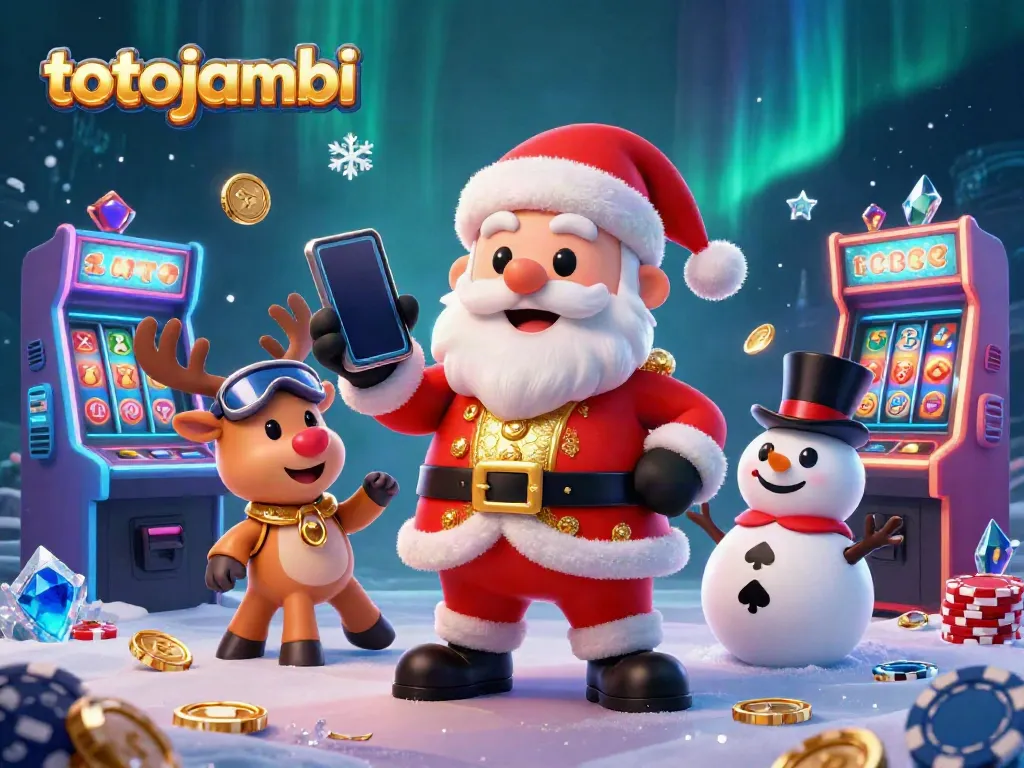 Experience the thrill of totojambi with a festive Santa character in a vibrant casino scene.