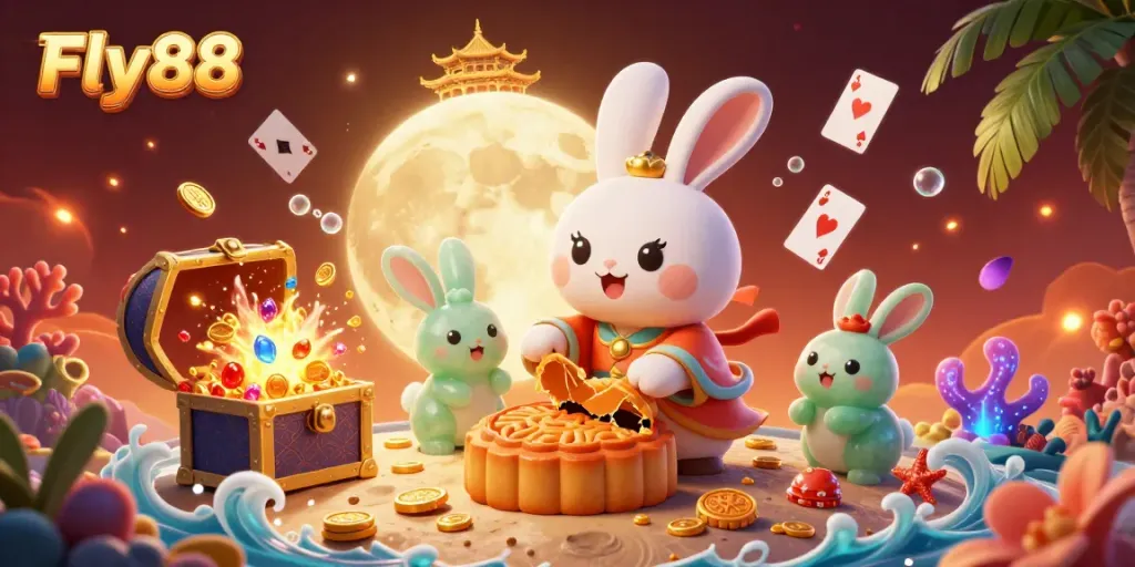 Experience the thrill of Fly88 with a festive 3D illustration showcasing vibrant casino elements celebrating winning.