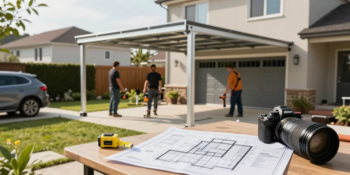 Carport-Bau mit Handwerkern im modernen Wohnumfeld, sonnig und professionell.