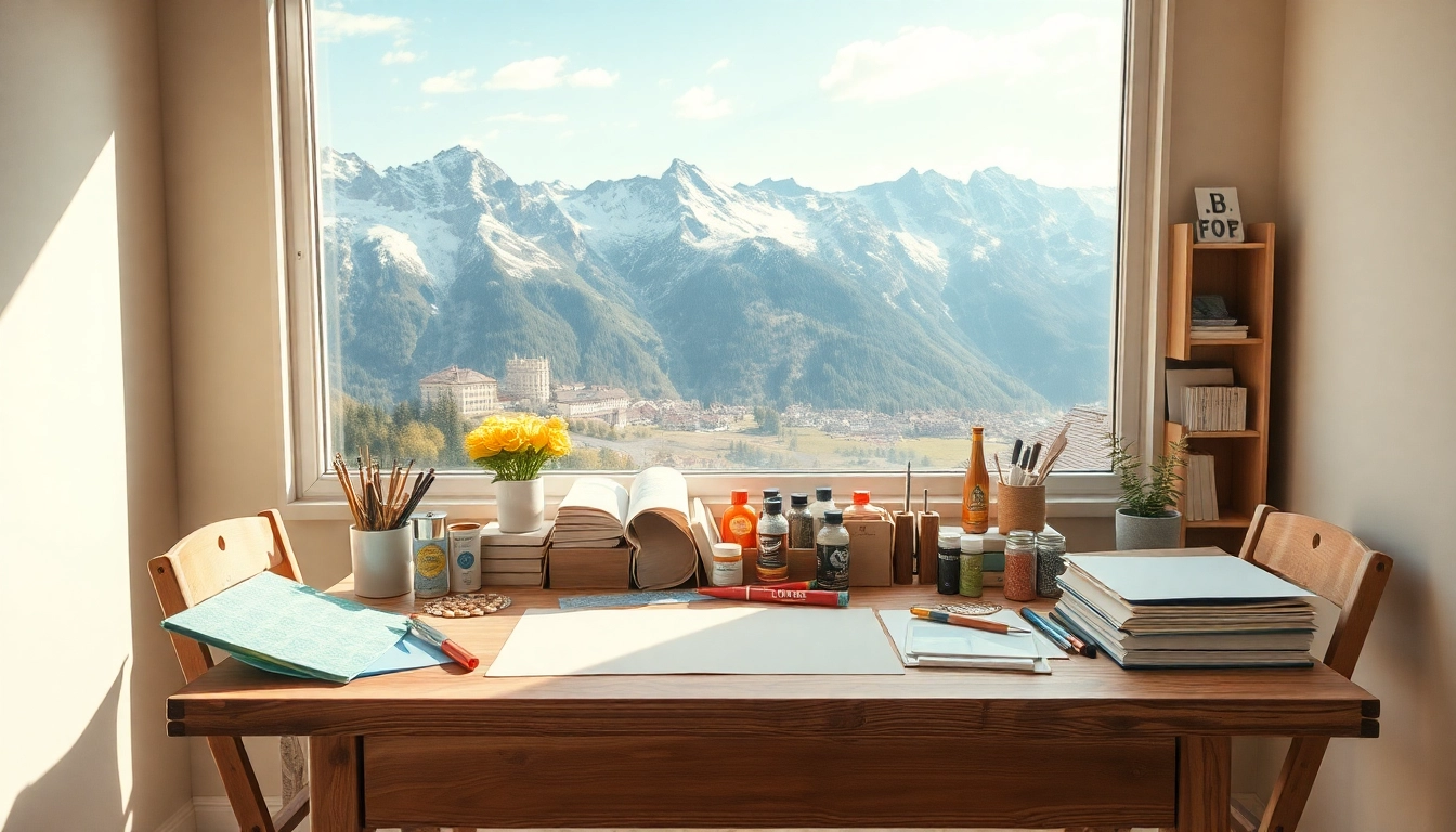 Grusskarten Gestalten in der Schweiz: Kreative Schreibtischszene mit bunten Materialien und schöner Natur.