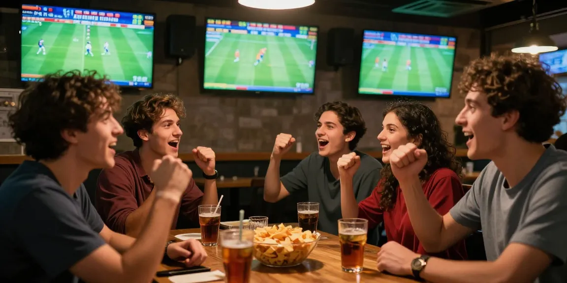 Wetten Fußball in einem lebhaften Sportbar, Freunde diskutieren leidenschaftlich ihre Wettstrategien und feiern live Spiele.