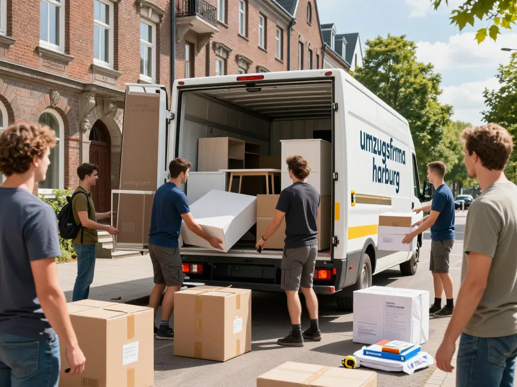 Professionelle Umzugshelfer von umzugsfirma harburg laden Möbel an einem sonnigen Tag in einen Lkw.