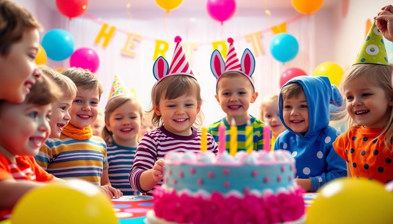 Kindergeburtstag 4 Jahre mit fröhlichen Kindern, die Partyspiele spielen und Spaß haben.