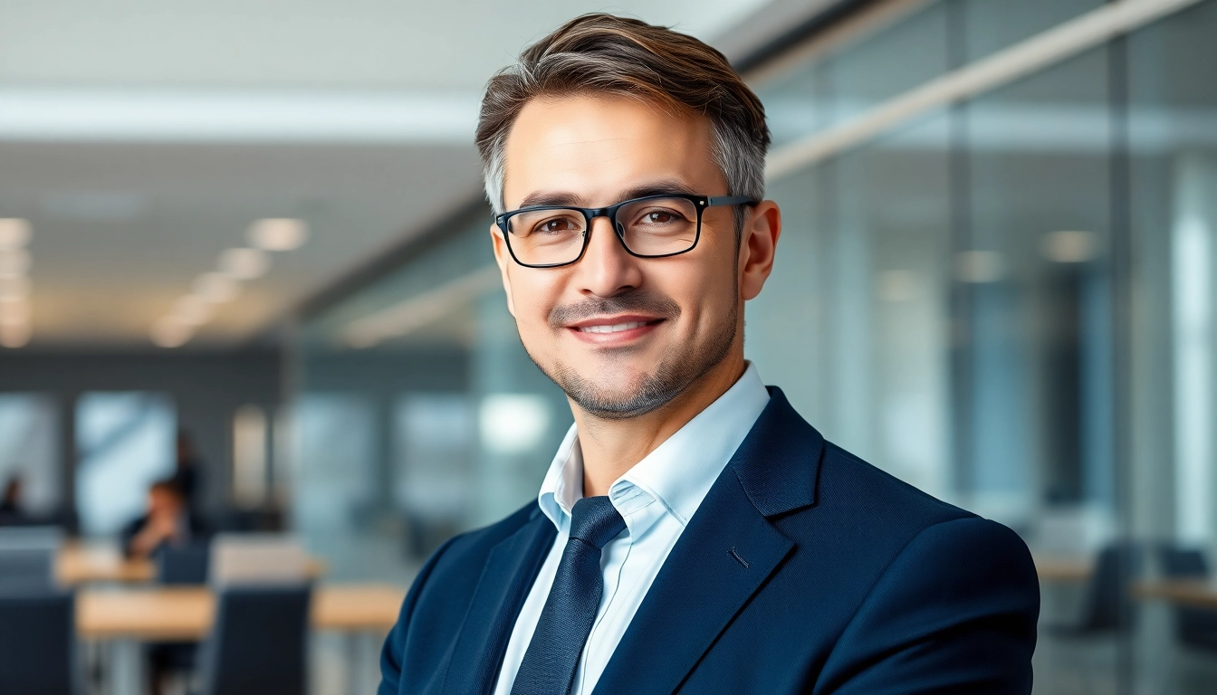 Professionelles Business Portrait München, umgeben von einer modernen Büroumgebung und natürlichem Licht.