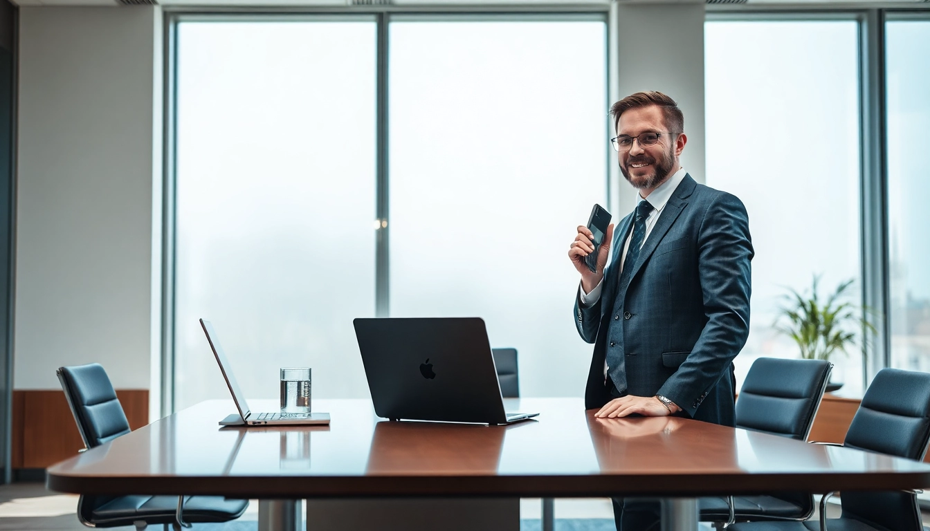 Headhunter Wiesbaden in einem eleganten Büro bei der Arbeit mit einem Laptop und Telefon.