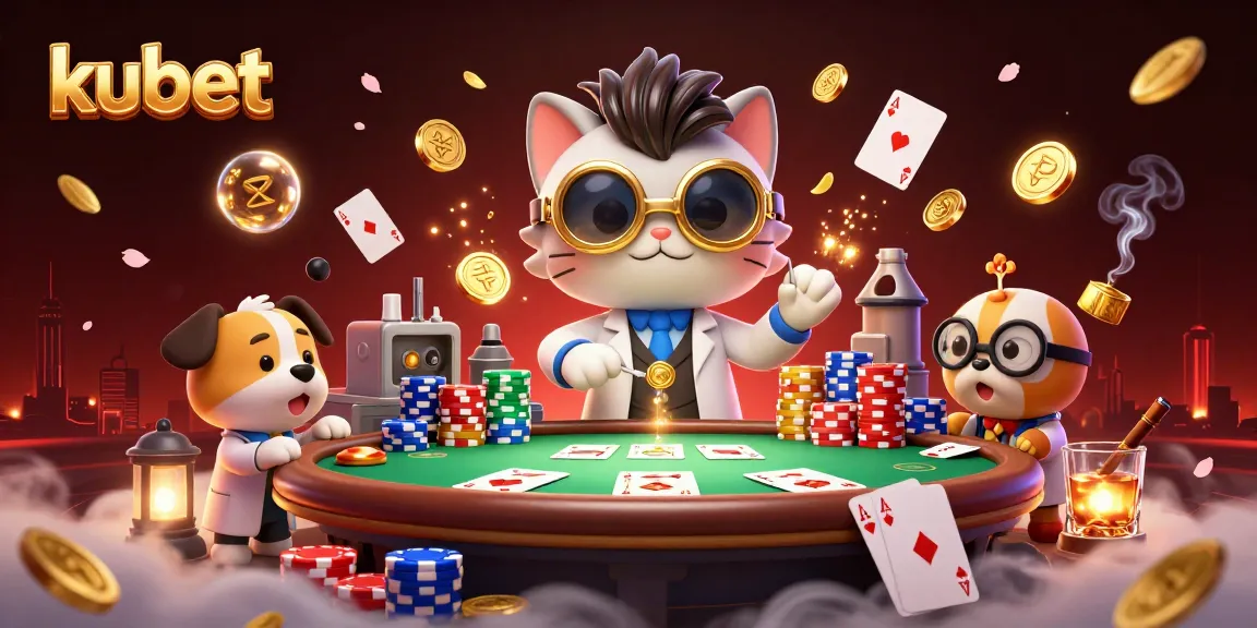 Kubet features a cartoon mad scientist cat and dog in a vibrant casino scene full of poker elements and golden coins.