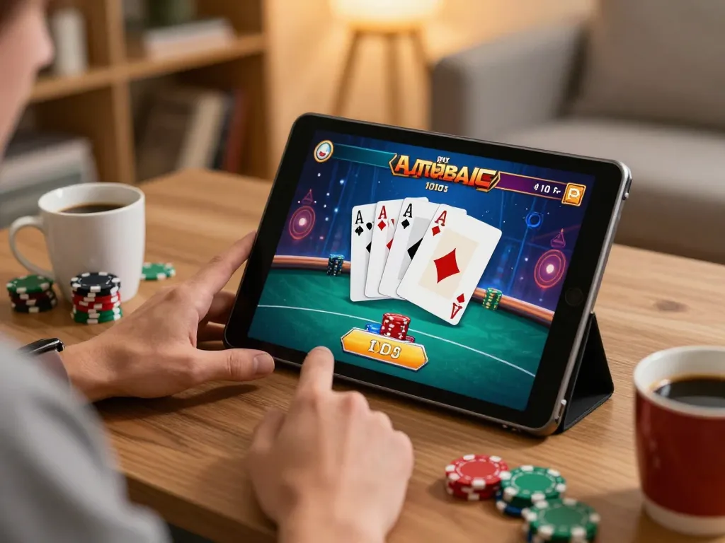 KJC player engaging in an online poker game, demonstrating strategy in a cozy home setup.