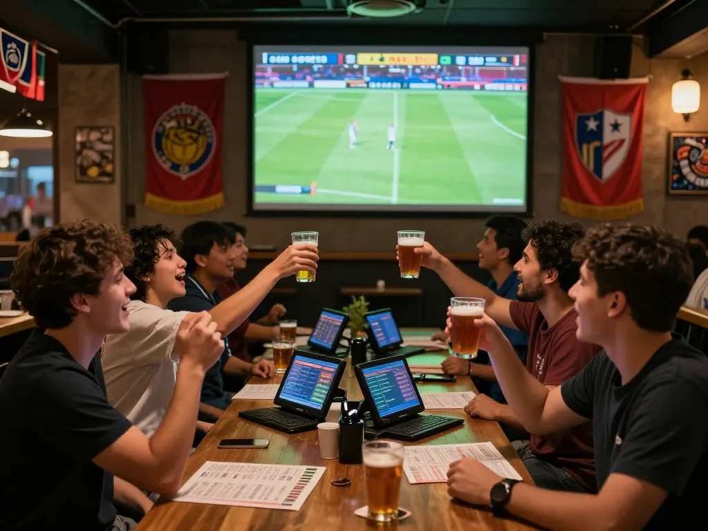 Kèo nhà cái betting atmosphere with fans cheering at a lively sports bar during a football match.