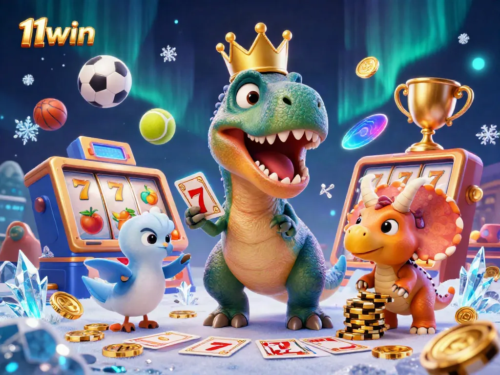 Engaging 11win casino scene with friendly T-Rex playing cards, accompanied by pterodactyl and triceratops, energetic atmosphere.