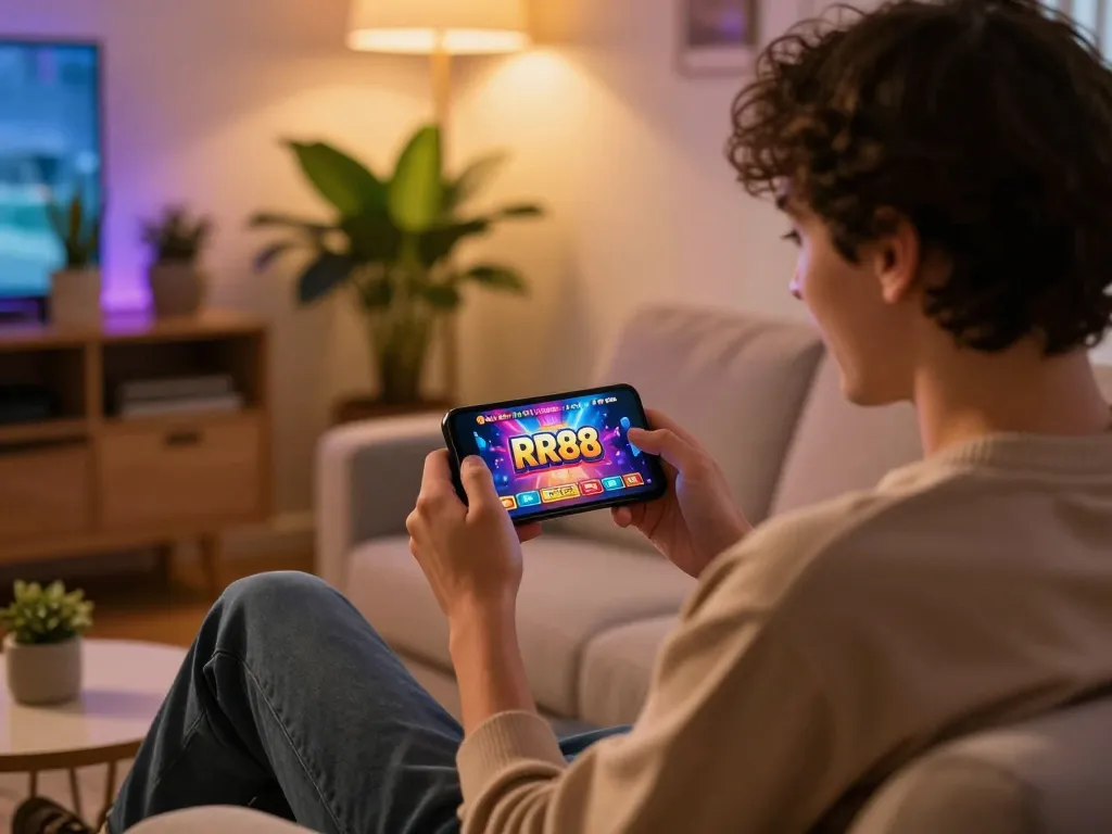 Experience thrilling gameplay at RR88 through a dynamic mobile casino app setup with engaging visuals.