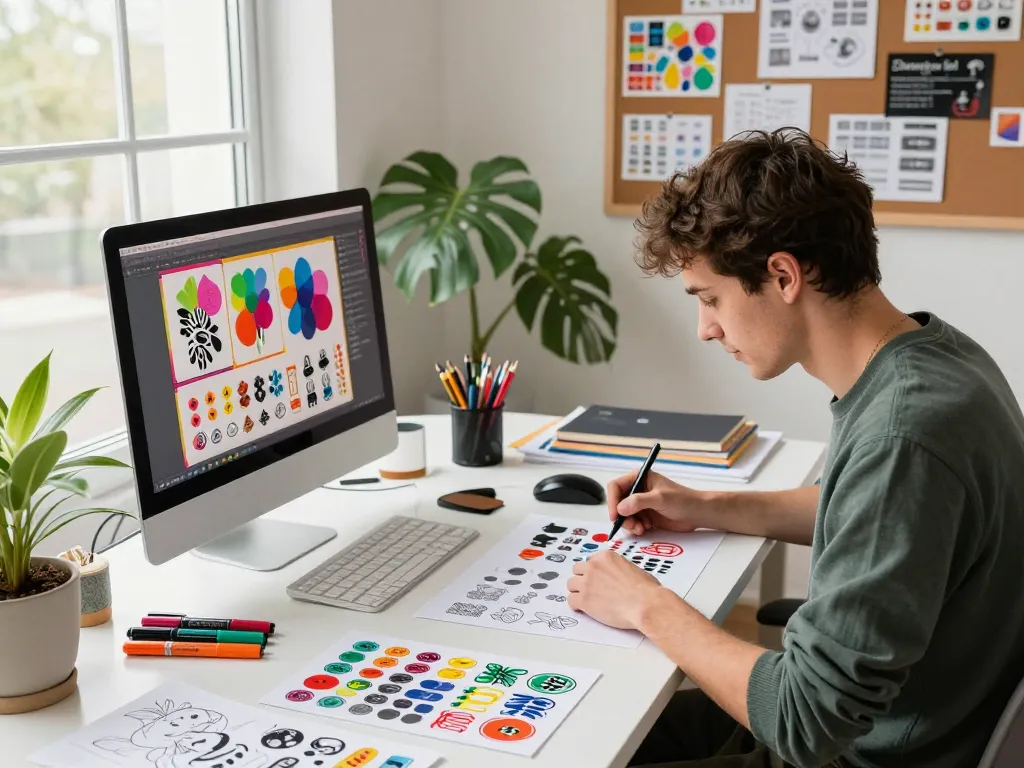 Vibrant workspace showcasing the process of sticker erstellen with custom designs and colorful samples.