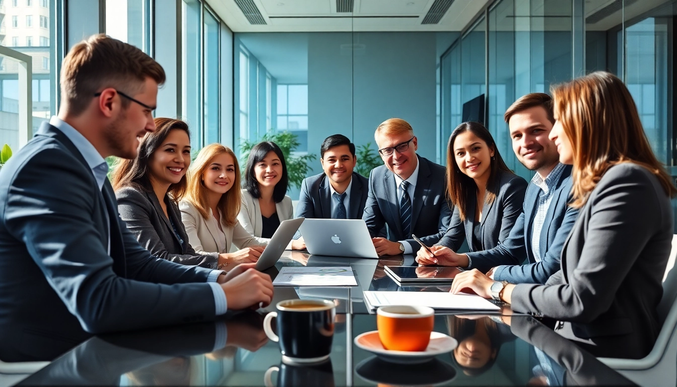 Illustration eines professionellen Teams in einem modernen Büro, das Strategien zur Personalvermittlung im Vertrieb diskutiert.