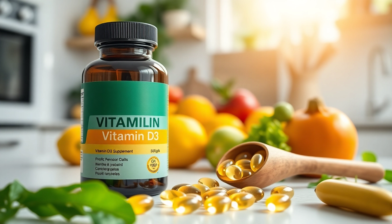 Vitamin D3 Supplement bottle surrounded by fresh vegetables and softgels in a health-focused setting.
