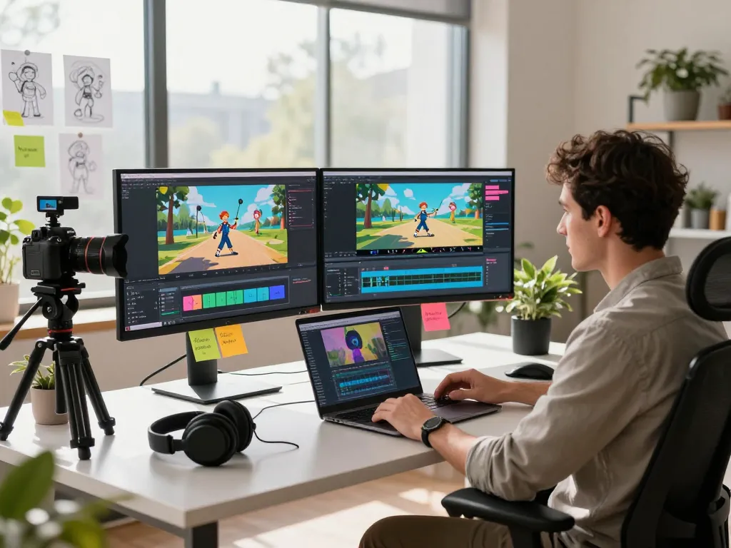 Video production workspace showcasing motion control technology in action as a creative professional edits animations.