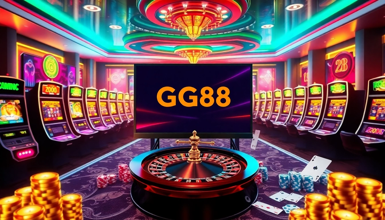 Feel the thrill of gambling with gg88 online, featuring vibrant slots and a roulette wheel.