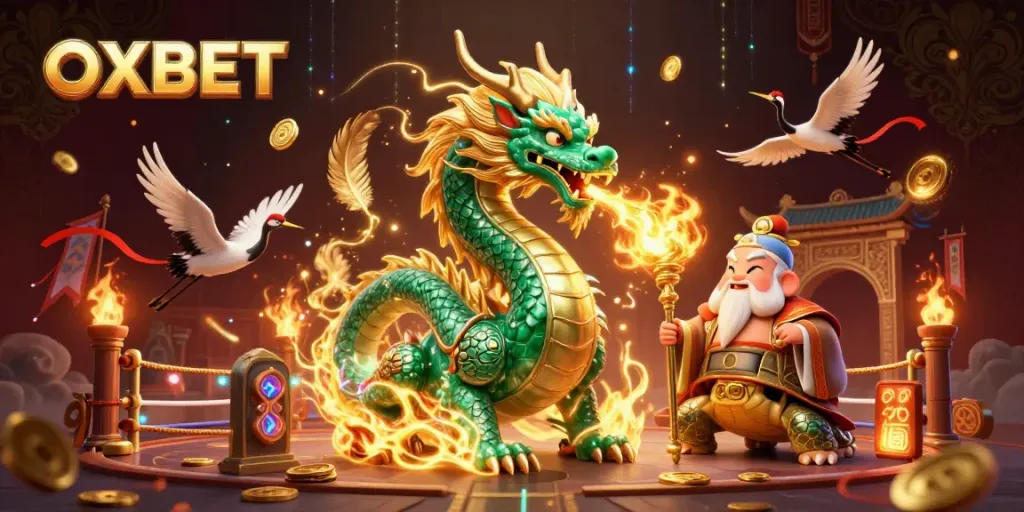 Experience the excitement of OXBET with a vibrant 3D illustration showcasing magical creatures in a rich casino setting.
