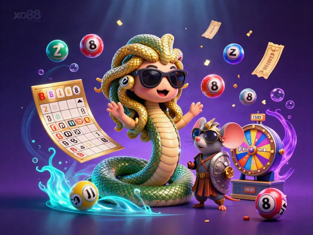Experience the excitement of xo88 gaming with dynamic illustrations of lottery balls, games, and unique characters!