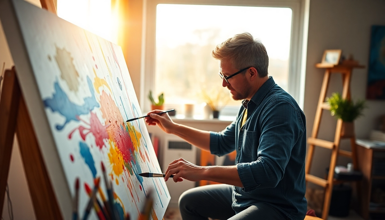 Painter creating an abstract painting in a cozy studio filled with vibrant colors.