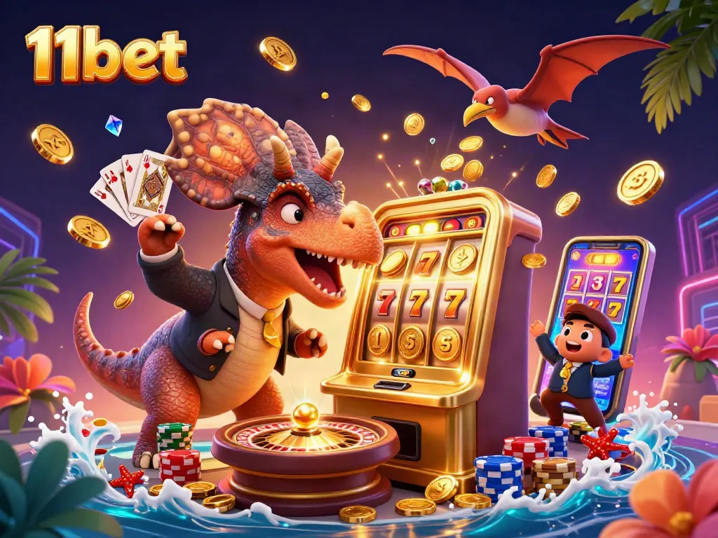 Experience thrilling wins at 11bet with a cartoon dinosaur celebrating a slot jackpot, surrounded by flying gold coins.