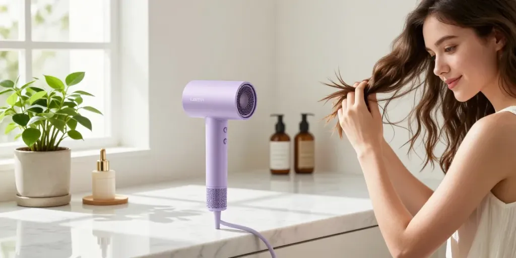 Using a Laifen Mini haartrockner in a bright bathroom for effortless styling.