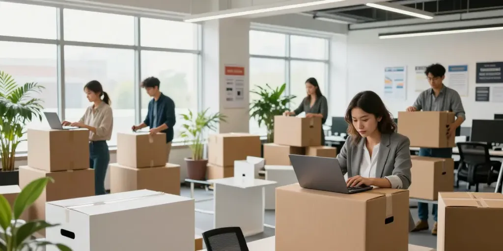 Firmenentrümpelung Wien: professionelles Team packt Büro und Möbel in hellen Büroräumen.