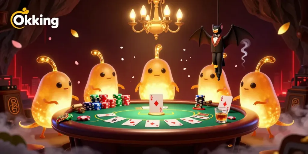 Experience thrilling gameplay at Okking's illuminated casino, with vibrant poker tables and dynamic characters.