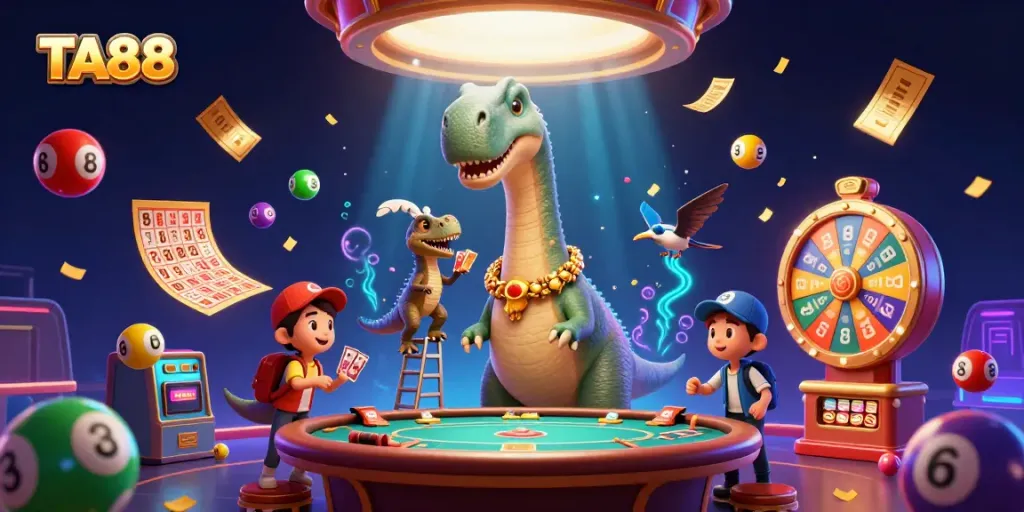 Engage with TA88's vibrant scene featuring a brontosaurus and raptor in a lively casino.