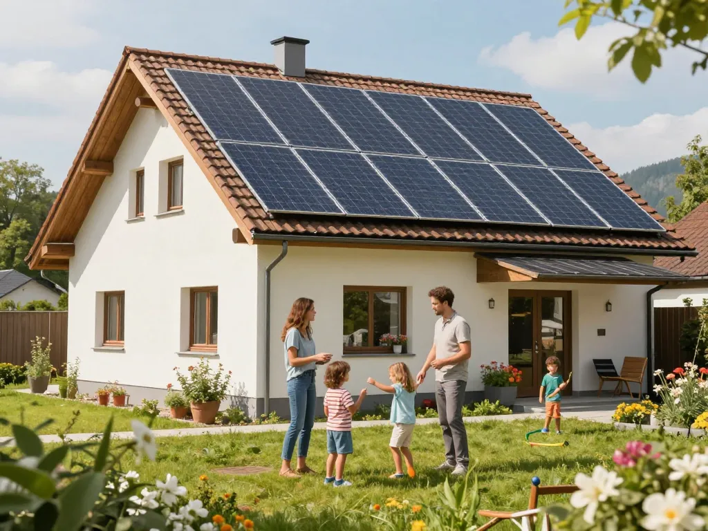 Familie genießt ihr Zuhause mit Solarpanels, die Energiesparungen durch Photovoltaik Bayern demonstrieren.