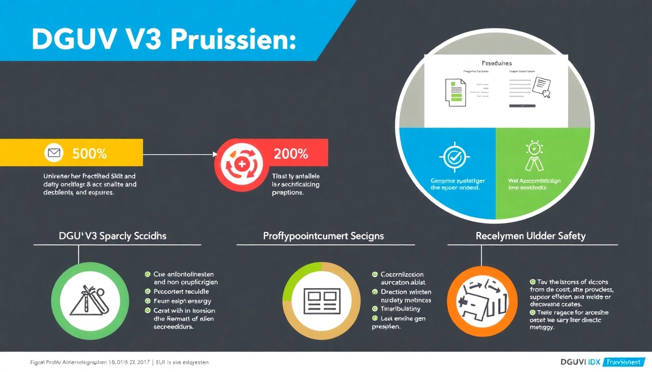Infographic detailing the DGUV V3 Prüfung procedures, showcasing safety measures and compliance statistics for workplaces.