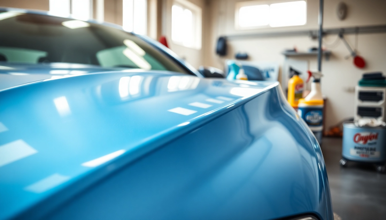 Fahrzeugaufbereitung mit einem glänzenden Auto und Professionellen Werkzeugen in einer Garage