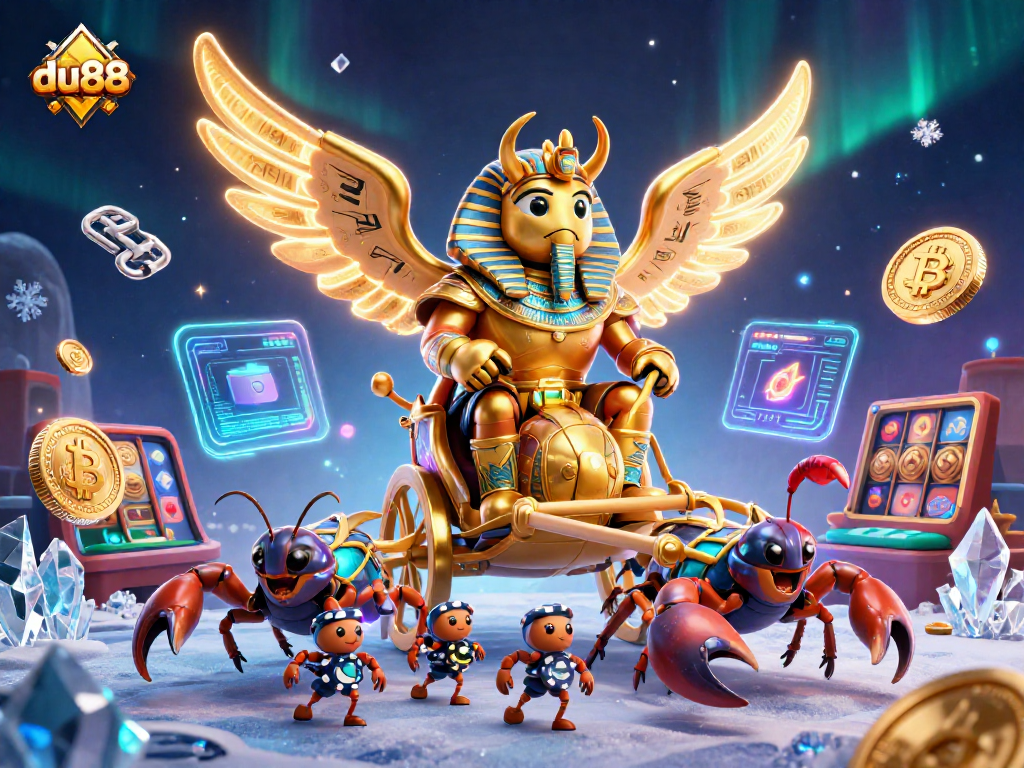 Experience du88's vibrant casino scene with a colossal golden scarab beetle, scorpions, and crypto elements.