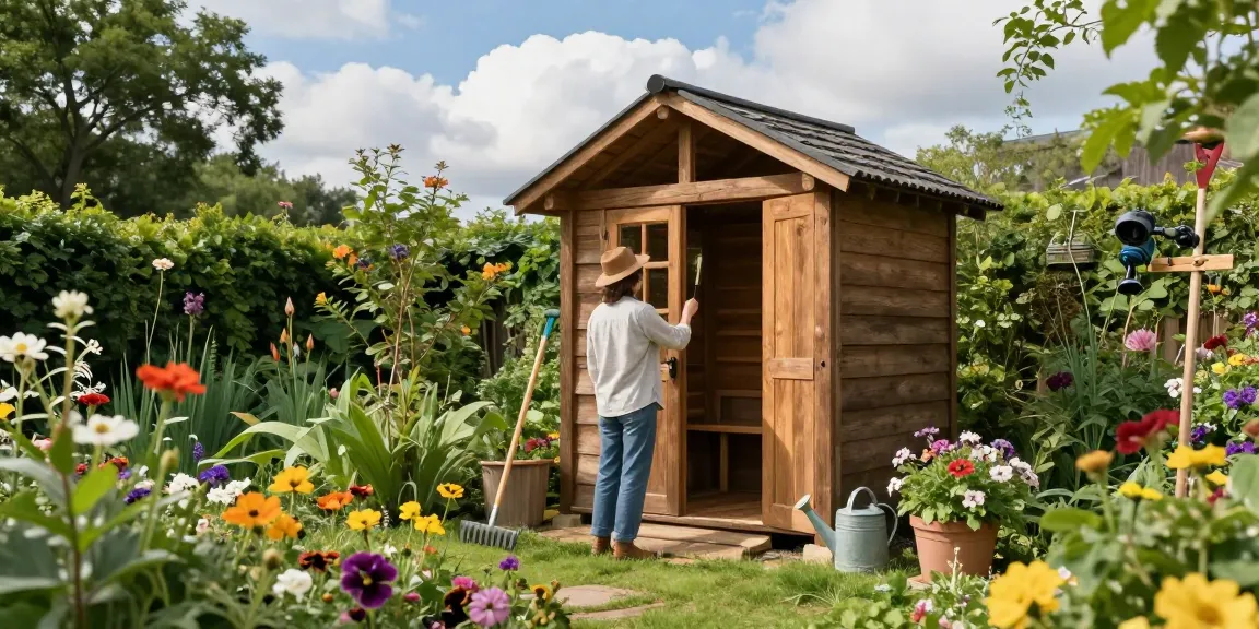 Stimmungsvolles Gartenhaus inmitten blühender Pflanzen mit Werkzeugen und einer Person, die das Gartenhaus streicht.