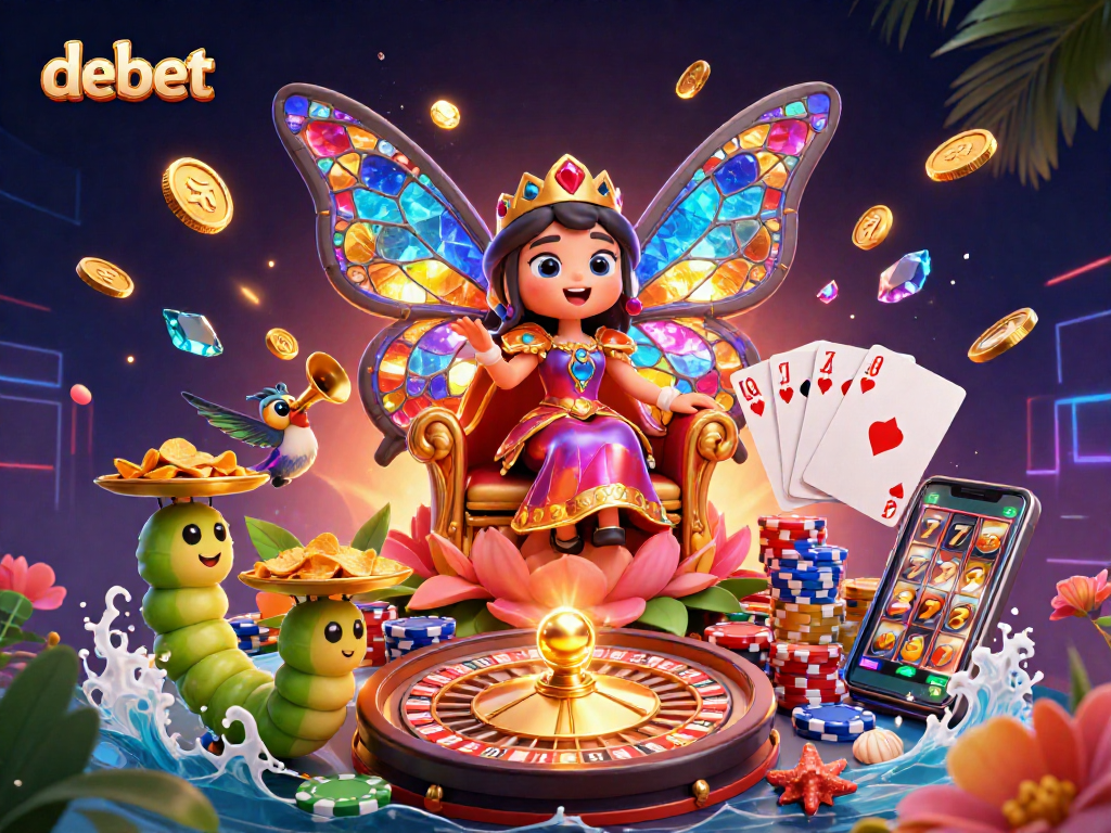 Experience excitement at debet's casino with a vibrant, colorful illustration of games and fantasy elements.