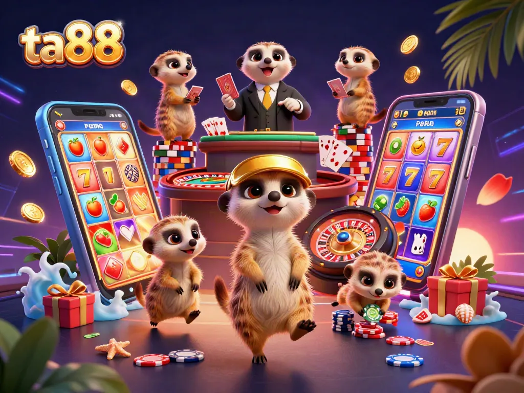 Engage with ta88 in a vibrant casino scene with meerkats managing gaming adventures and excitement.
