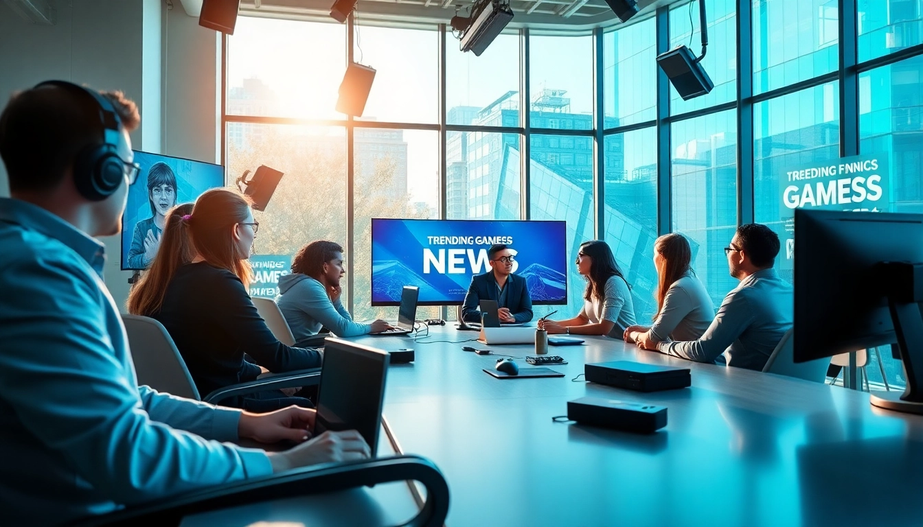 Aktuelle Games News Berichterstattung in einem modernen Newsroom mit Journalisten.