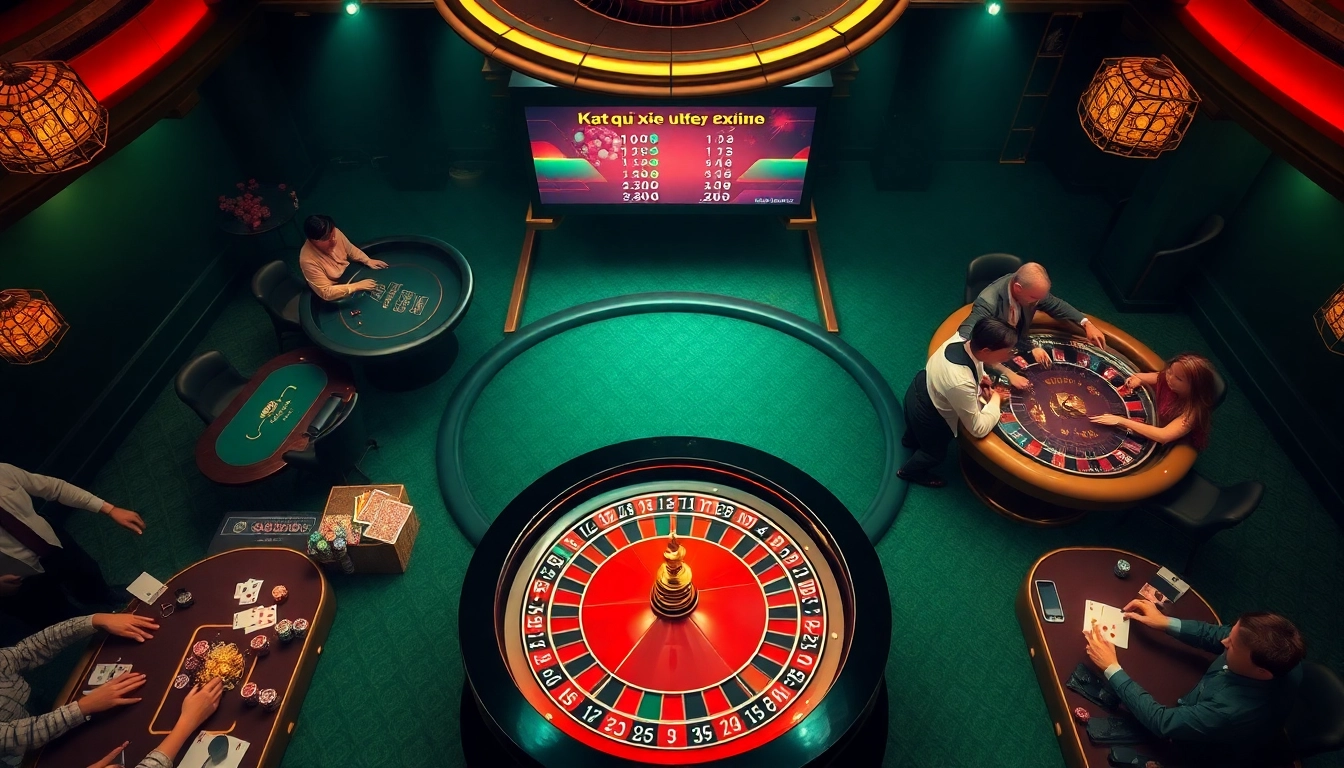 Kết quả xổ số highlighted as players engage in thrilling poker and roulette in a luxurious casino setting.