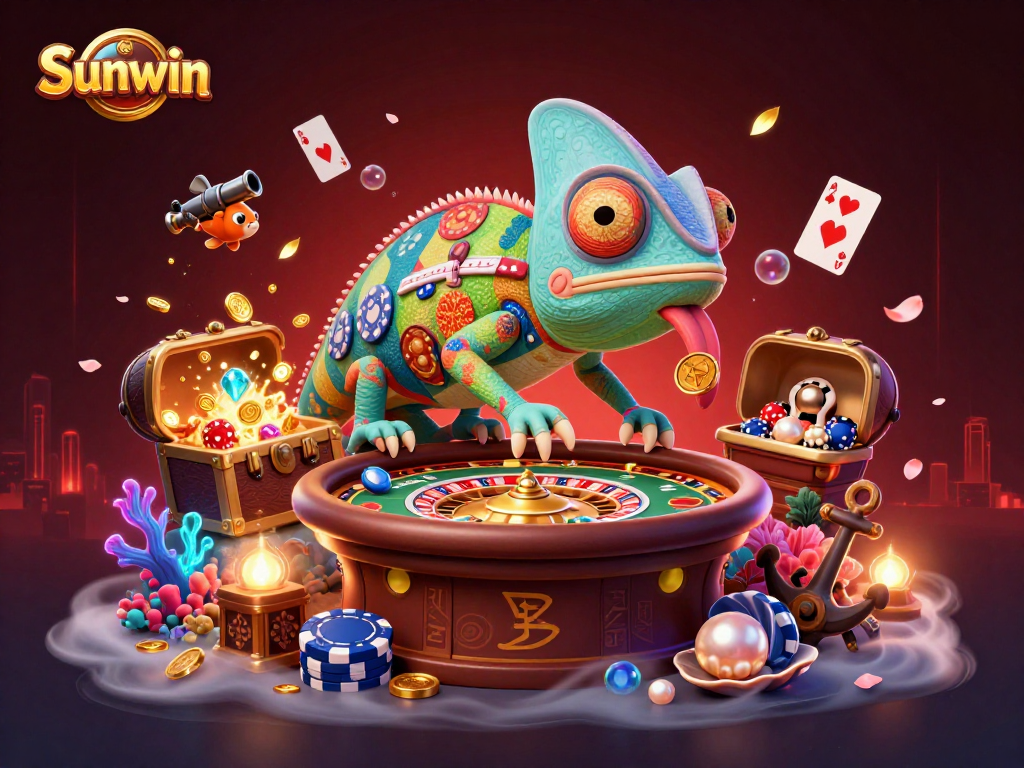 Experience thrilling gameplay with Sunwin's dynamic casino, showcasing a vibrant chameleon owner amidst explosive treasures.