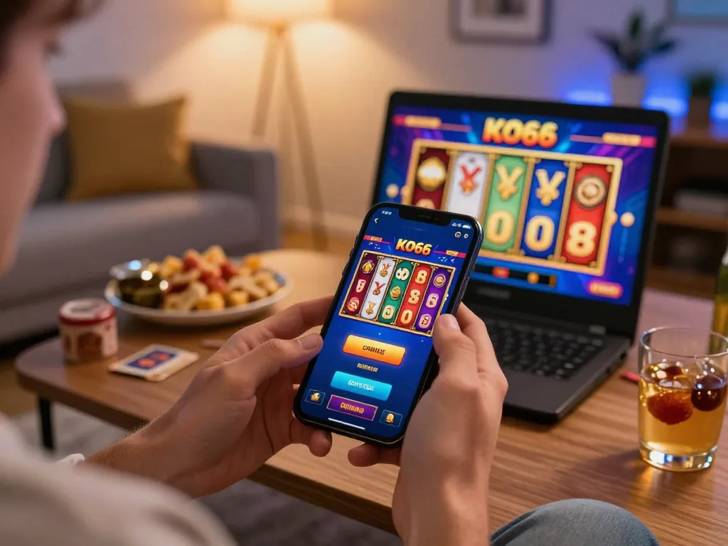 Người chơi tận hưởng ứng dụng KO66 với các máy slot đang quay trên điện thoại thông minh trong một không gian ấm cúng ở nhà.