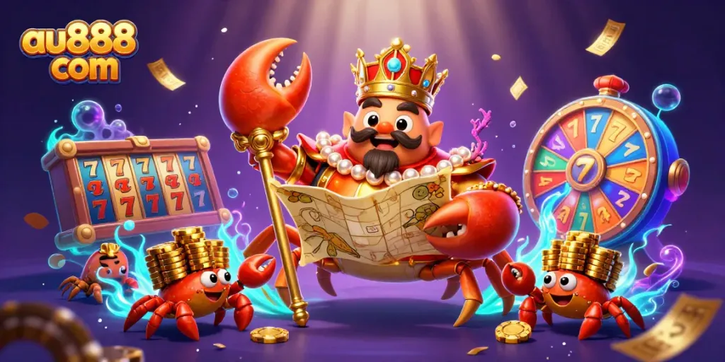 Engage in gaming excitement at au888 com with the golden crab emperor amid colorful slot elements.