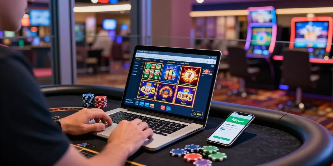 Paysafe Card Casino-Szene mit einem Spieler, der Online-Spiele an einem modernen Tischsetup genießt.