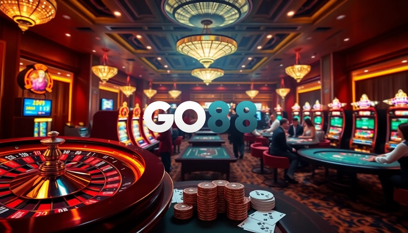 A visually dynamic gambling scene showcasing the GO88 platform with poker tables, roulette wheel, and slot machines, inviting players to experience thrilling online gaming.
