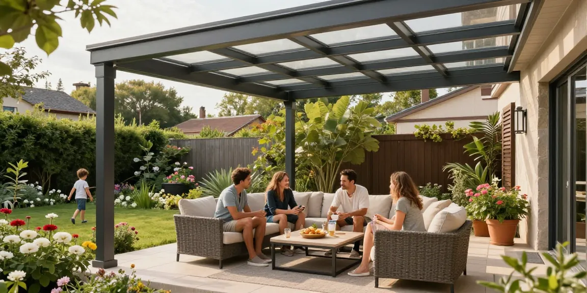 Moderne Terrassenüberdachungen in einem einladenden Garten mit Familie, die entspannt zusammensitzt.